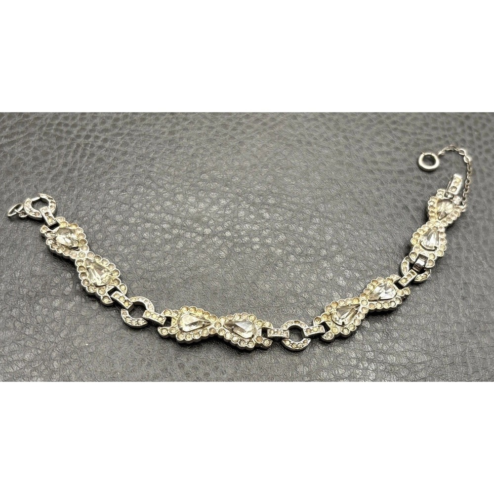 VTG Art Deco Pot Metal Clear Rhinestone Link Bracelet 8" Infinity Link Panels